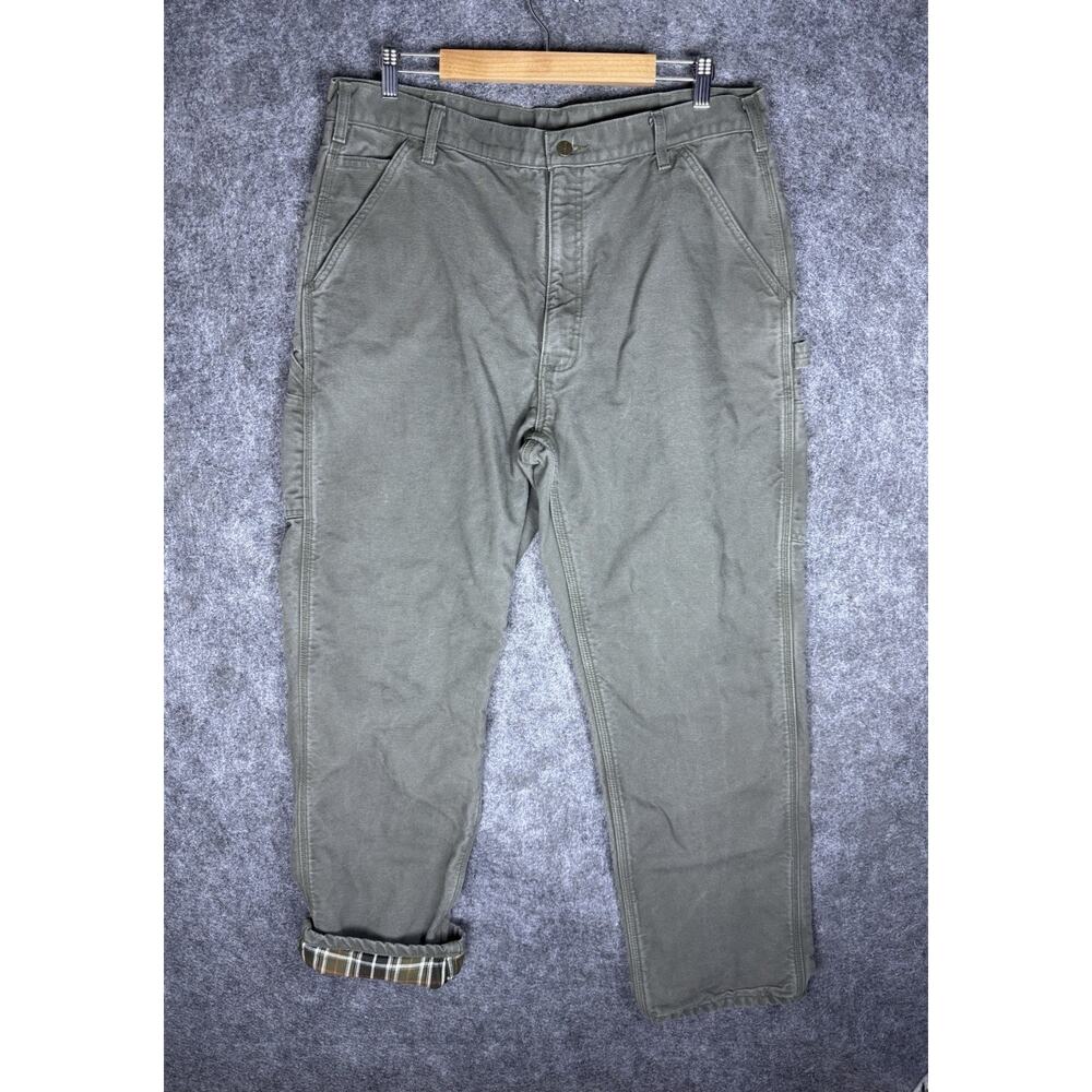 Vintage Carhartt B111 MOS Flannel Lined Pants Men 36x32 Green Duck Canvas Heavy